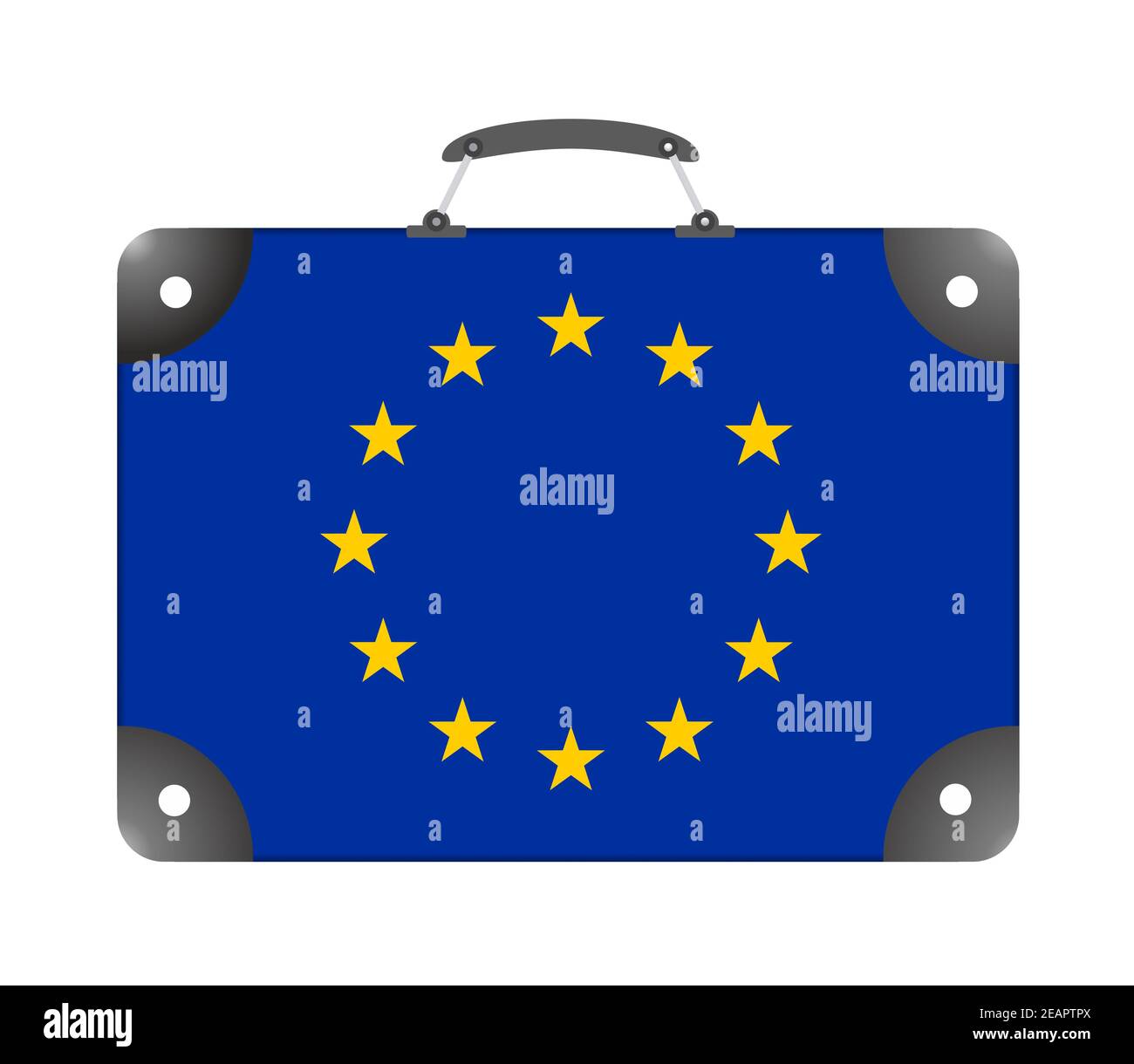 EU-Länderflagge in Form eines Reisekoffers Auf weißem Hintergrund Stockfoto