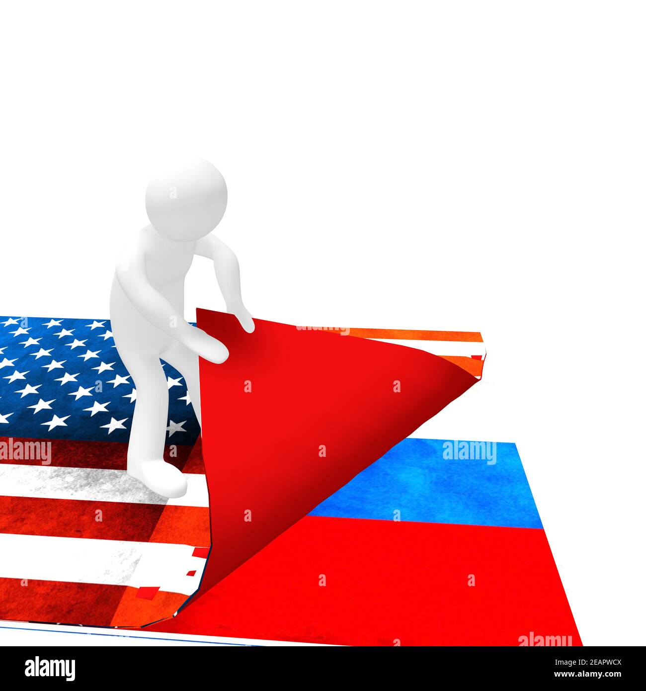 Ein kleiner Mann hebt die Flagge der USA und unter ihr die Flagge Russlands Stockfoto
