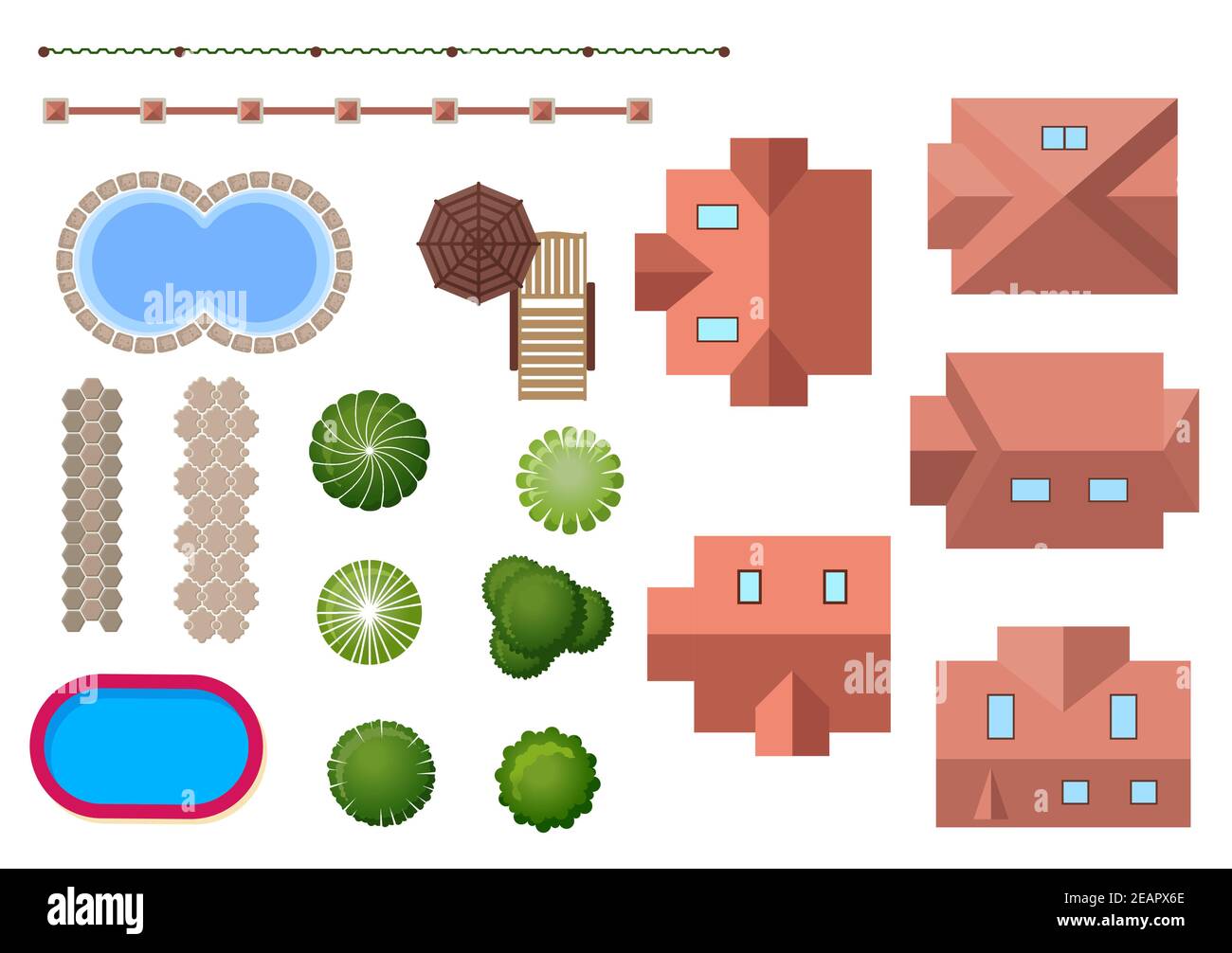 Haus, Landschaft, Grundstückselemente mit verschiedenen Dachformen, zwei Schwimmbäder, Zierbäume, Sträucher und Fechten für Landschaftsgestaltung Stock Vektor