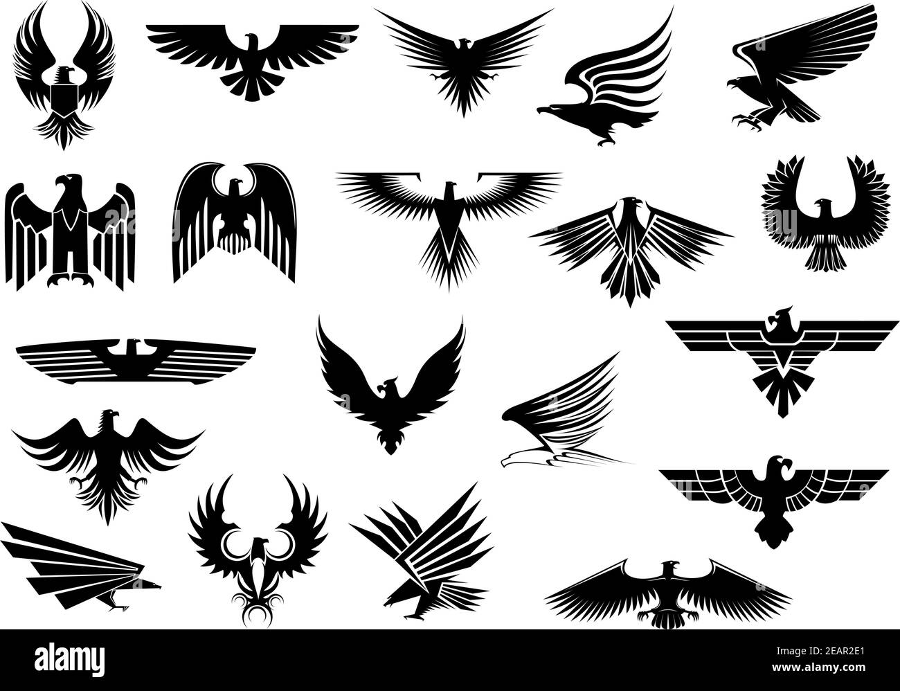 Heraldische Schwarzadler, Falken und Falken setzen ausgebreitete Flügel, isoliert auf weißem Hintergrund Stock Vektor