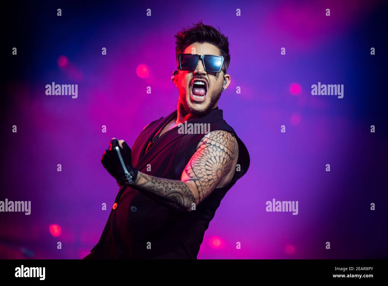 ITALIEN, BOLOGNA 2017: Der amerikanische Sänger, Songwriter und Bühnensänger Adam Lambert war beim Queen und Adam Lambert Konzert in der Unipol Arena in Bologna live auf der Bühne zu sehen. Stockfoto