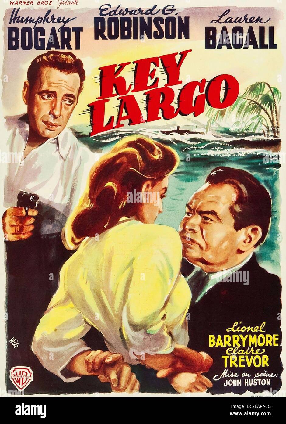 KEY LARGO 1948 Warner Bros Film mit Lauren Bacall , Humphrey Bogart und Edward G. Robinson. Französisches Poster. Stockfoto
