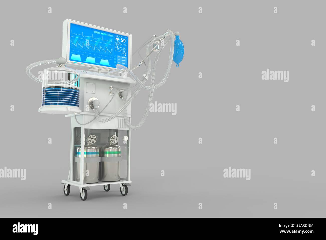 Medical 3D Illustration, ICU künstlicher Lungenventilator mit fiktivem Design isoliert auf grauem Hintergrund - heilen Coronavirus Konzept Stockfoto