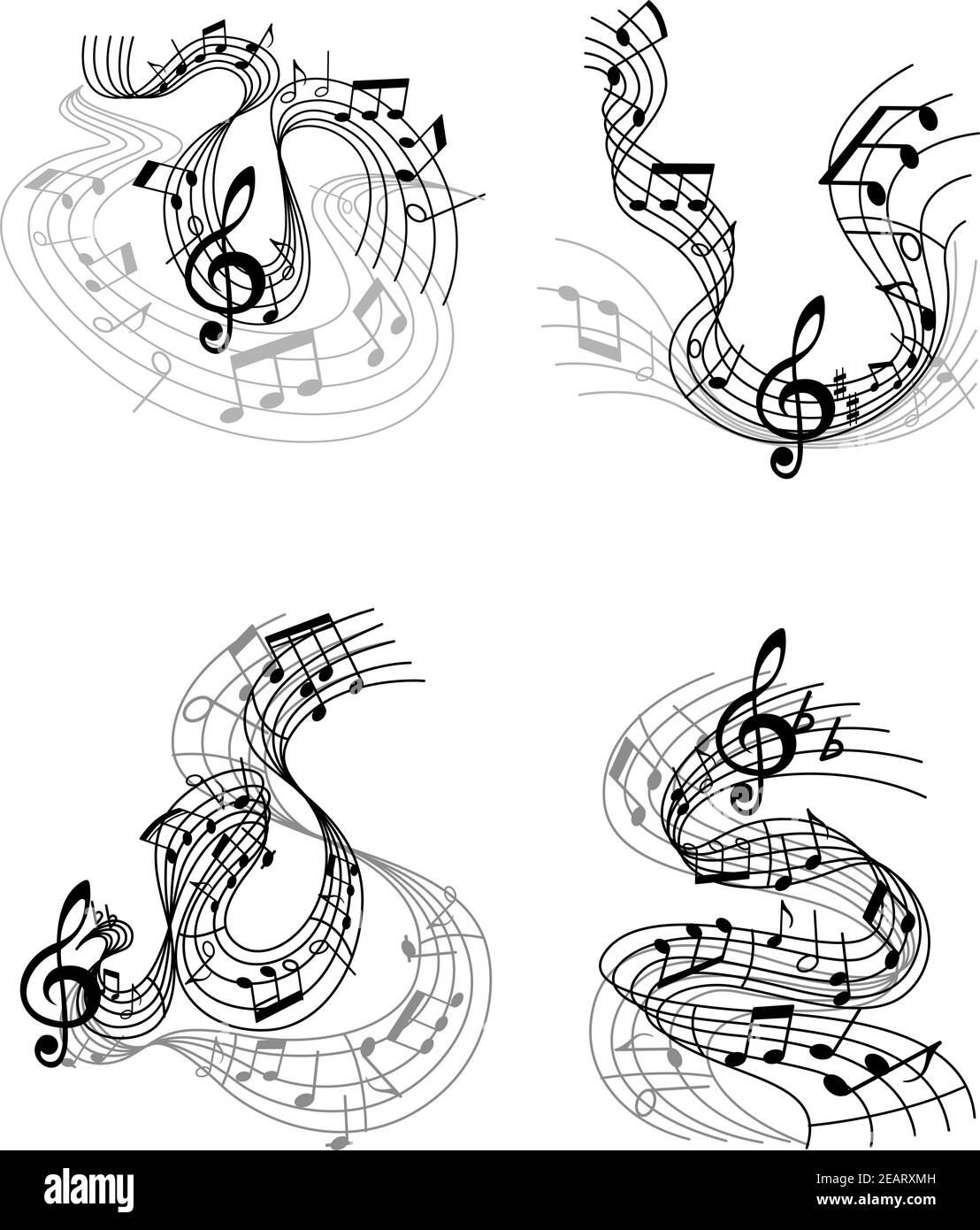 Abstrakte verdrehte musikalische Kompositionen entwerfen mit Musikwellen, Noten und Violinschlüssel Stock Vektor