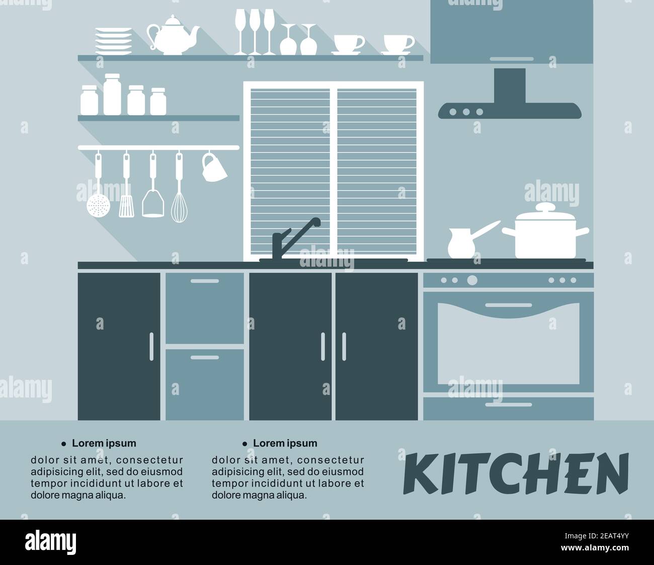 Infografik der flachen einwand modulare Küche Innenarchitektur in blauen Farben mit Regalen, Schränken, Backofen, Dunstabzugshaube und Geschirr Stock Vektor