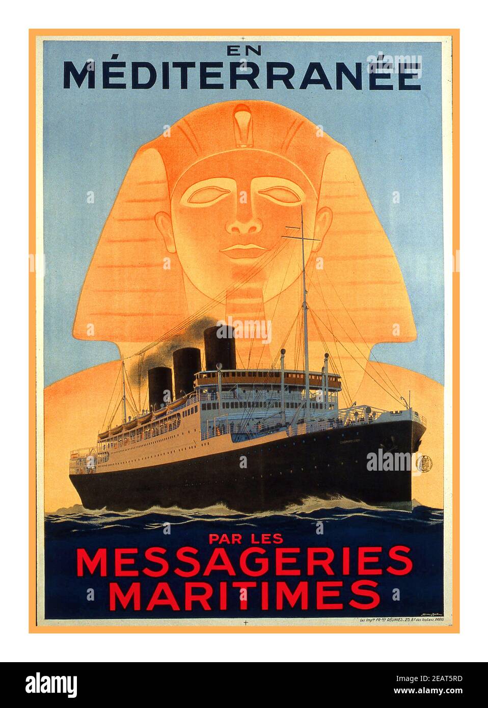 Vintage 1930er Jahre Travel Poster Ocean Liner HOOK SANDIG en Méditerranée par les Messageries Maritimes vers 1930 Vintage nautische Kunst der mediterranen Mail Ship. Produziert von Champollion. Les Imp. Françaises Réunies Paris Frankreich Stockfoto