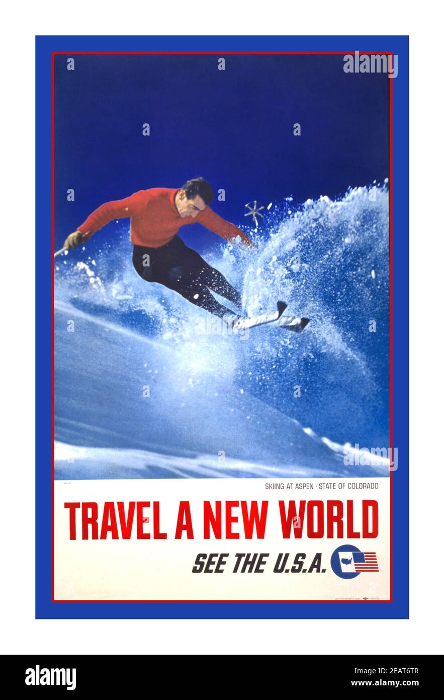 Skifahren Ski 1960 in Aspen, Bundesstaat Colorado - Reise eine neue Welt - See the U.S.A. Datum erstellt/Veröffentlicht: [1962] Medium: 1 Print (Poster) : Farbe: Werbung zeigt den Mann beim Skifahren. Stockfoto