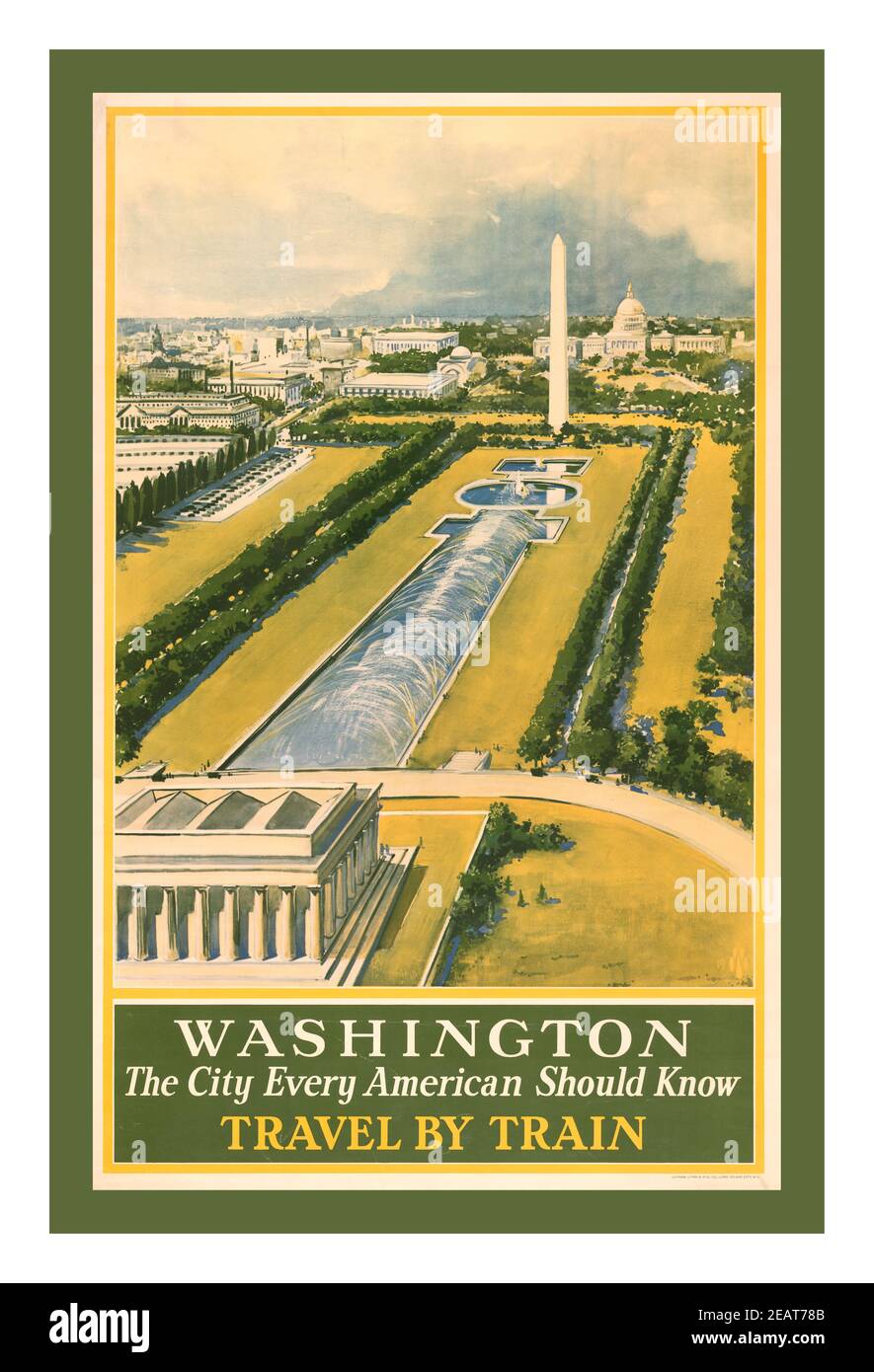 Washington der 1930er Jahre, die Stadt, die jeder Amerikaner kennen sollte, „mit dem Zug reisen“. Erstellungs-/Veröffentlichungsdatum: Long Island City, [New York]: Latham Litho und PTG. Co., 1930er Jahre (Poster) : Lithografie, Farbplakat zeigt die National Mall mit Lincoln Memorial, The Reflecting Pool und U.S. Capitol. WASHINGTON DC USA Stockfoto