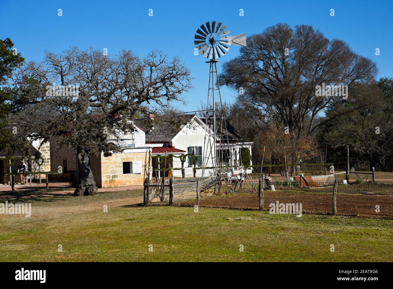 Ein historischer Bauernhof aus dem frühen Jahr 1900s auf der Sauer Beckmann Living History Farm in Stonewall, Texas. Stockfoto