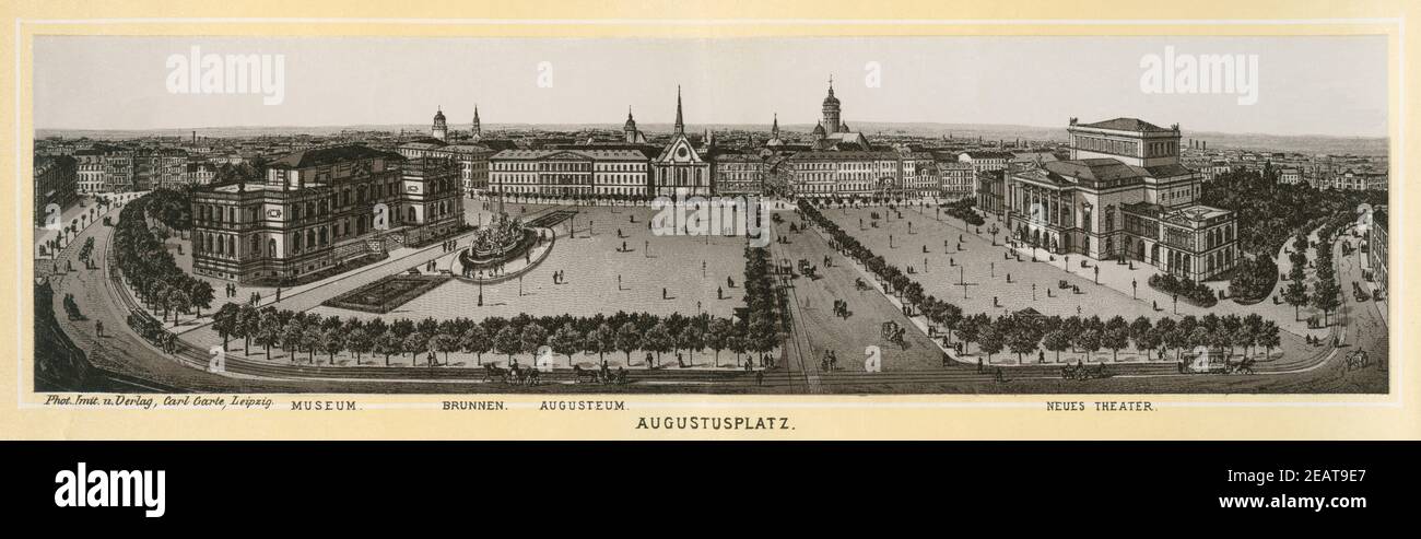 Europa, Deutschland, Sachsen, Leipzig, Augustusplatz zum Beispiel mit dem Museum der bildenden Künste ( Bildermuseum ) , dem Neuen Theater und dem Augusteum ( Universität ) , Lithographie aus dem Leporello : ' Album von Leipzig ' , Verlag : Carl Garte, Leipzig, wahrscheinlich herausgegeben in den 1880 - 1890er Jahren . / Europa, Deutschland, Sachsen, Leipzig, Augustusplatz, zum Beispiel mit dem Museum der bildenden Künste, dem Neuen Theater und dem Augusteum, Lithographie aus dem Leporello: 'Album von Leipzig' (Heft aus Leipzig), Verlag: Carl Garte, Leipzig, probabl Stockfoto