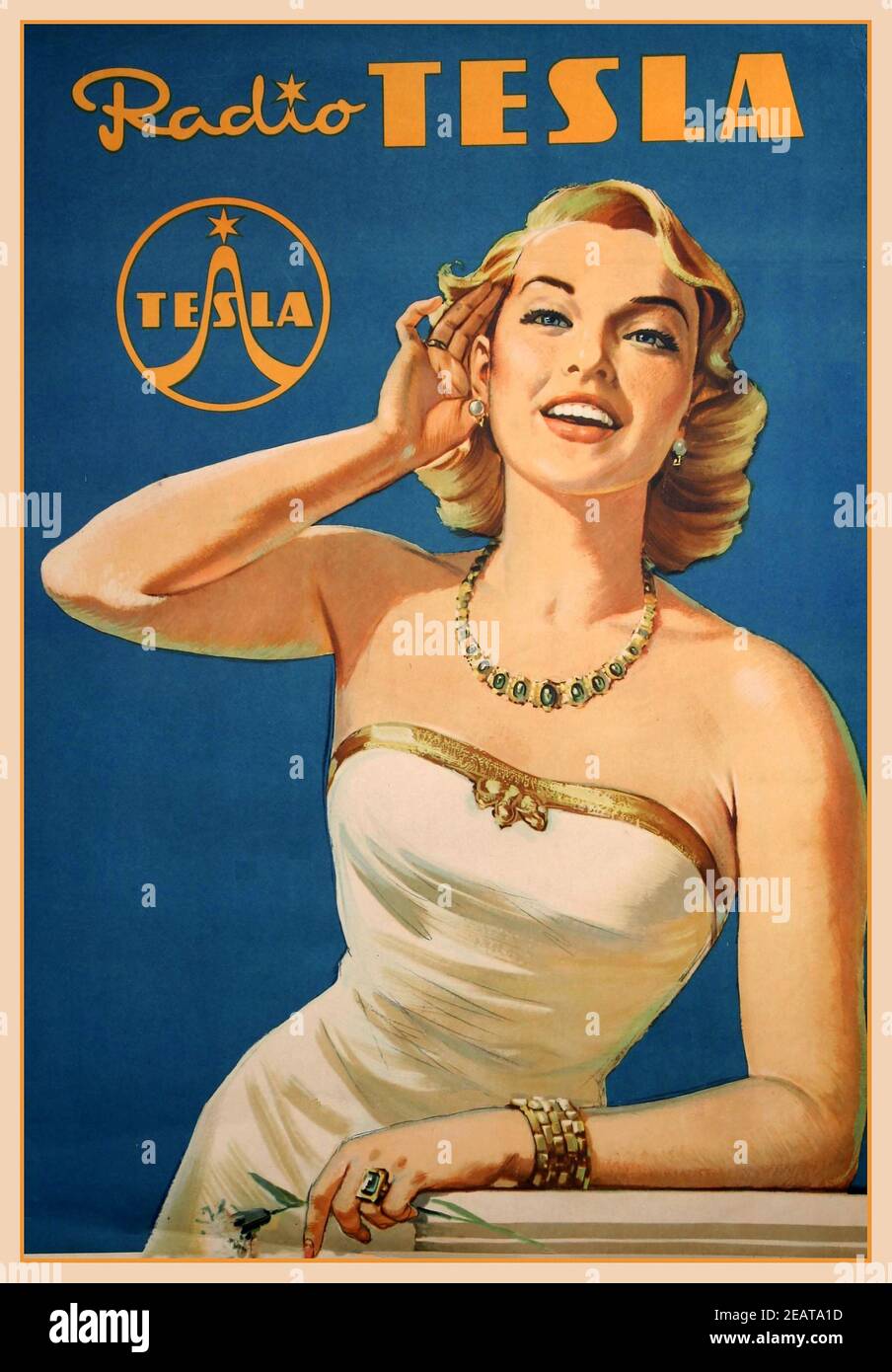 Radio Tesla Vintage Poster 1954 LITHOGRAPHIE WERBEPLAKAT NIKOLA TESLA TSCHECHOSLOWAKEI Nikola Tesla war ein früher Pionier in den Zeiten des Radios. Stockfoto