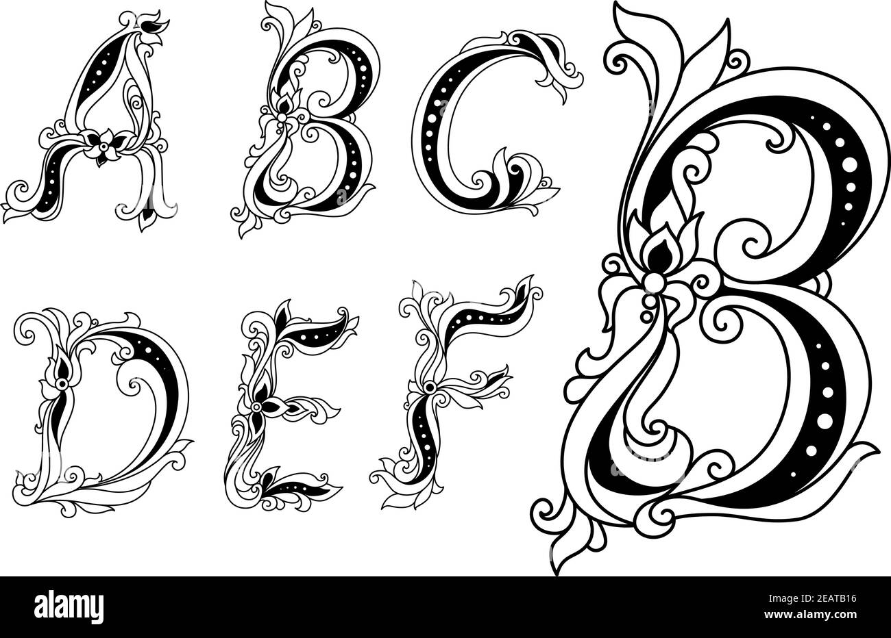 Großbild florale Buchstaben A, B, C, D verziert mit Blumen und Blättern für romantische und Vintage-Design Stock Vektor