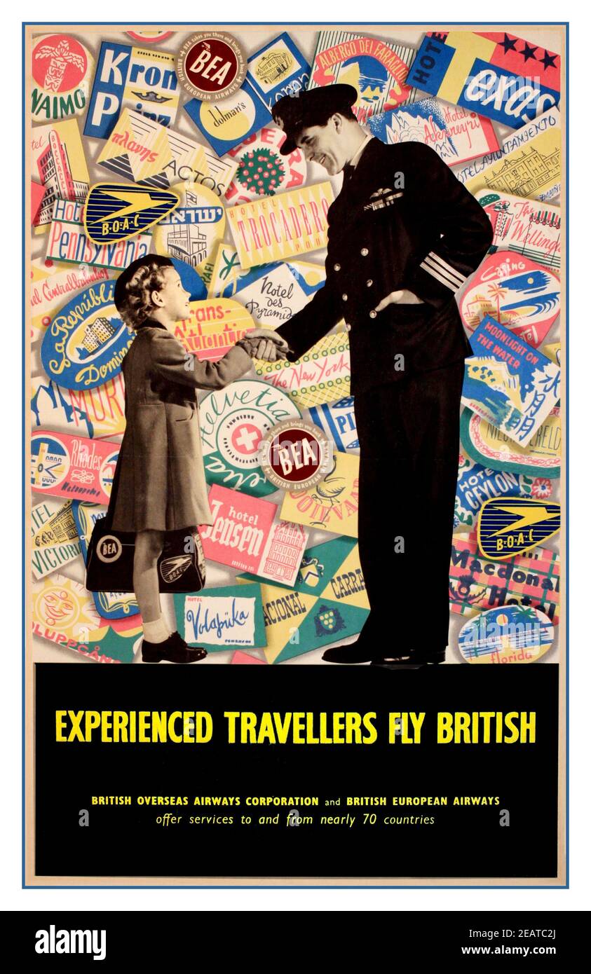 Vintage 50s Airline UK Travel Poster ‘Experienced Travellers Fly British’, British Overseas Airways, British European Airways, Poster gedruckt für BOAC BEA von Service Advertising c. 1955 Stockfoto