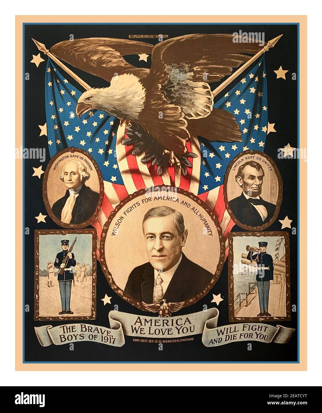America We Love You – Presidents Wilson, Lincoln & Washington (1917) US WWI Memorial Poster. Erster Weltkrieg in Erinnerung an „die tapferen Jungs von 1917“ „will Fight and die für dich“ Amerika USA erster Weltkrieg Stockfoto