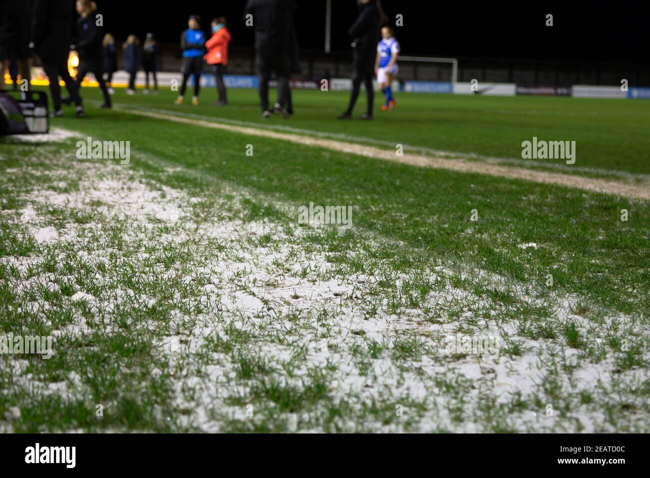 Solihull, West Midlands, 10th. Februar 2021. Das Womes Super League Spiel zwischen Birmingham Rivalen Birmingham City FC und Aston Villa im Solihull Moors Ground in Solihull wurde wegen eines gefrorenen Platzes verschoben. Kredit: Peter Lopeman/Alamy Live Nachrichten Stockfoto