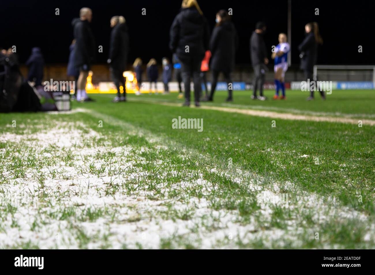 Solihull, West Midlands, 10th. Februar 2021. Das Womes Super League Spiel zwischen Birmingham Rivalen Birmingham City FC und Aston Villa im Solihull Moors Ground in Solihull wurde wegen eines gefrorenen Platzes verschoben. Kredit: Peter Lopeman/Alamy Live Nachrichten Stockfoto