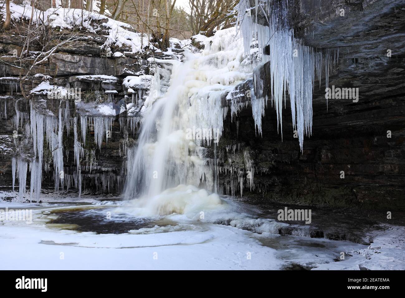 Summerhill Force, Bowlees, Teesdale, County Durham, Großbritannien. 10th. Februar 2021. Wetter in Großbritannien. Nach Tagen mit Temperaturen unter dem Gefrierpunkt zwingt Summerhill in Teesdale, County Durham, ein spektakuläres Winterwunderland mit Eiszapfen zu schaffen. Kredit: David Forster/Alamy Live Nachrichten Stockfoto