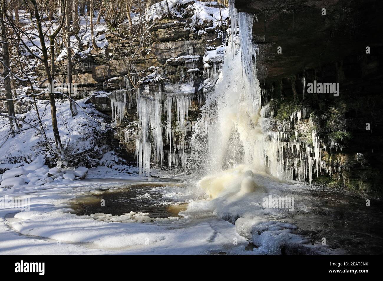 Summerhill Force, Bowlees, Teesdale, County Durham, Großbritannien. 10th. Februar 2021. Wetter in Großbritannien. Nach Tagen mit Temperaturen unter dem Gefrierpunkt zwingt Summerhill in Teesdale, County Durham, ein spektakuläres Winterwunderland mit Eiszapfen zu schaffen. Kredit: David Forster/Alamy Live Nachrichten Stockfoto