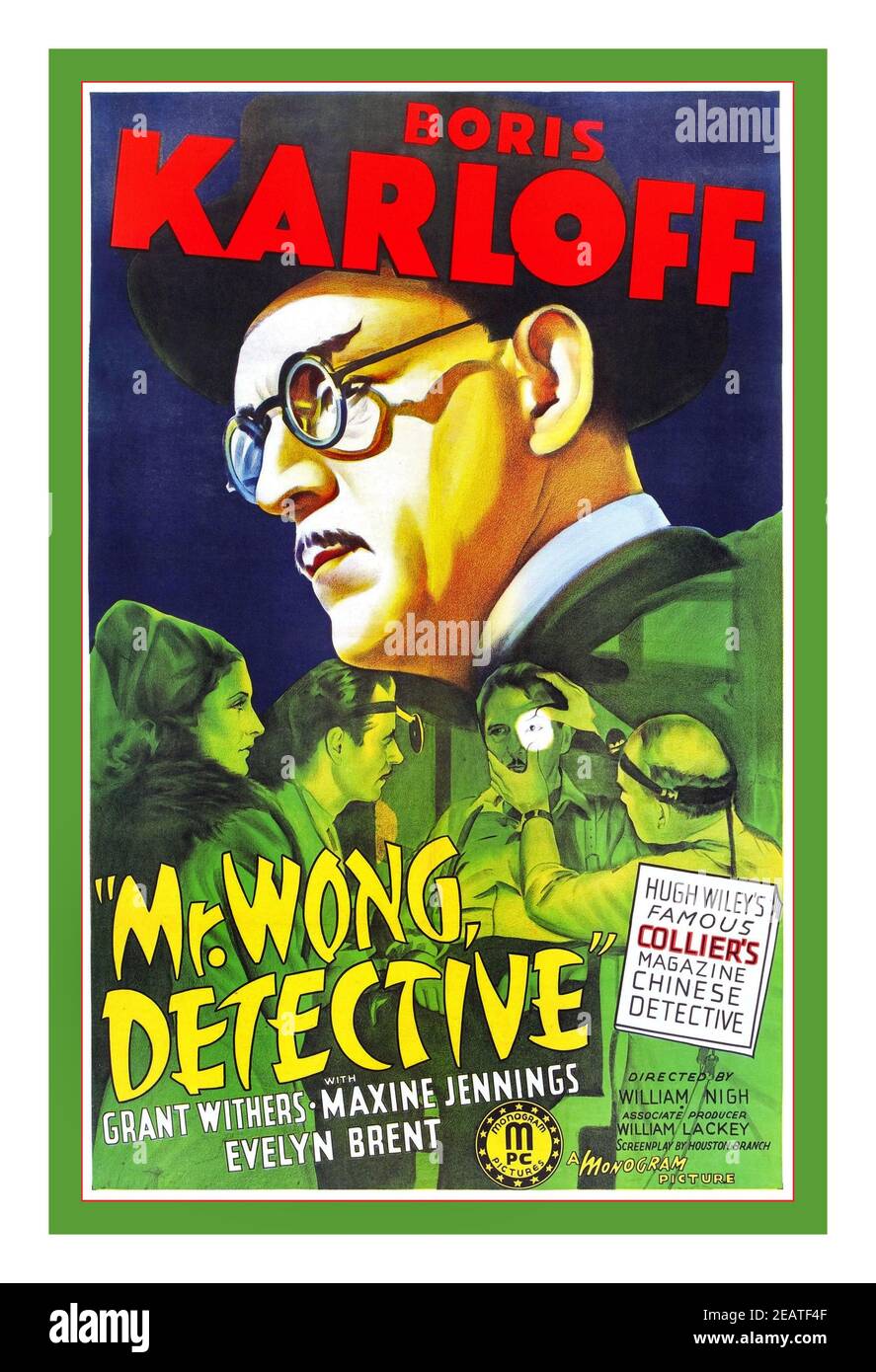 MR WONG DETECTIVE Vintage 1930er Film Movie Poster 'Mr Wong Detective' mit Boris Karloff mit Grant Withers, Maxine Jennings und Evelyn Brent. Regie: William nigh. Mr. Wong, Detective ist ein amerikanischer Kriminalfilm von 1938, der von William Nagh gedreht wurde und Boris Karloff in seinem ersten Auftritt als Mr. Wong darstellte. Stockfoto