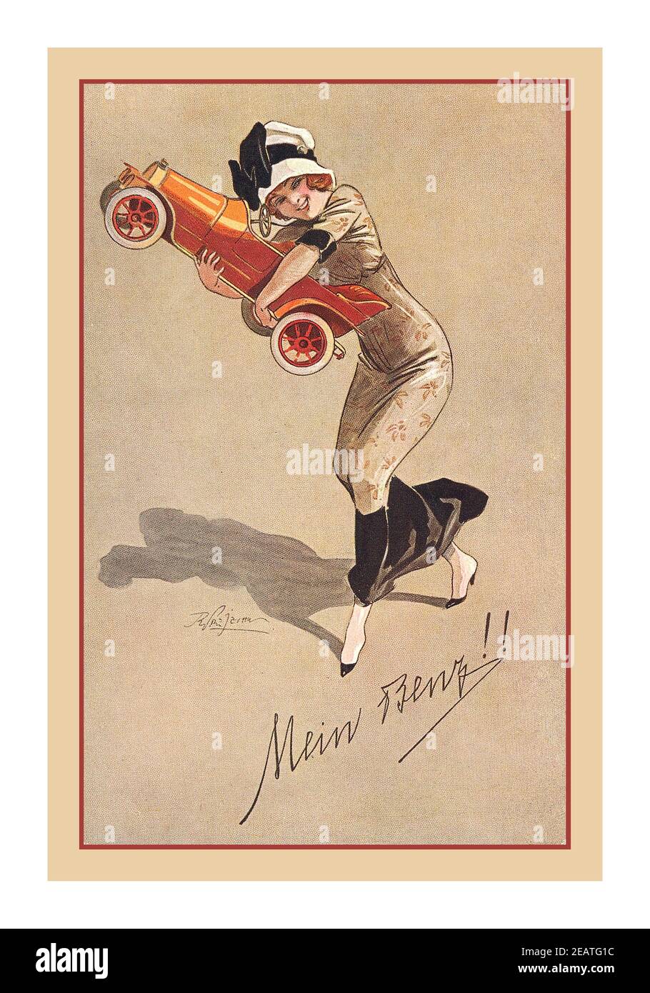 Vintage BENZ Illustration Werbung deutsche Benz Motorcars mit 1900 's attraktiv Stilvolle Frau klammernden ihre Lieblings-Open Tourer Auto mit der Bildunterschrift MEIN BENZ Stockfoto