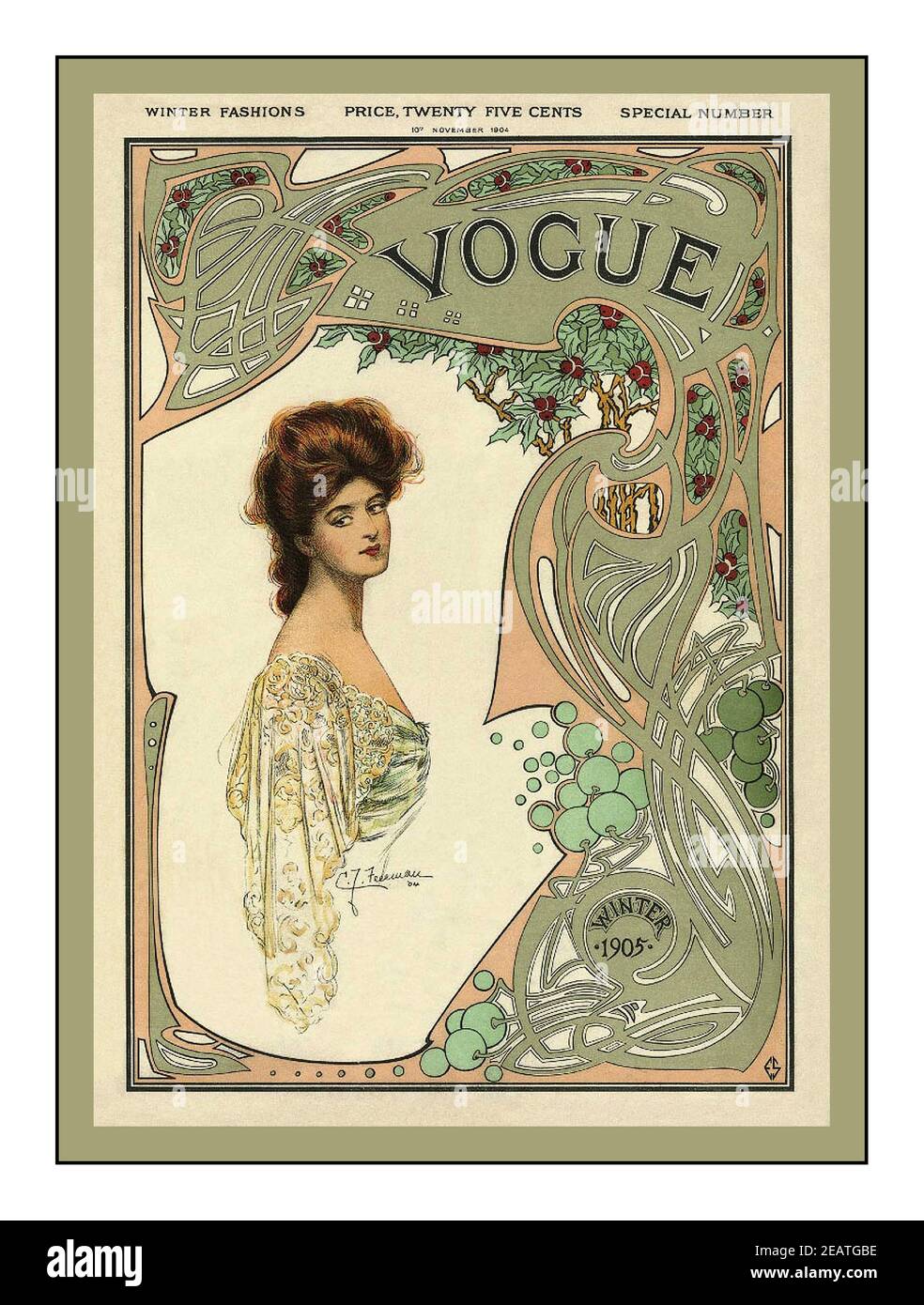 Vintage 1900 's Vogue Frontcover 1904 Winter Mode decken Preis Fünfundzwanzig Cent Stockfoto
