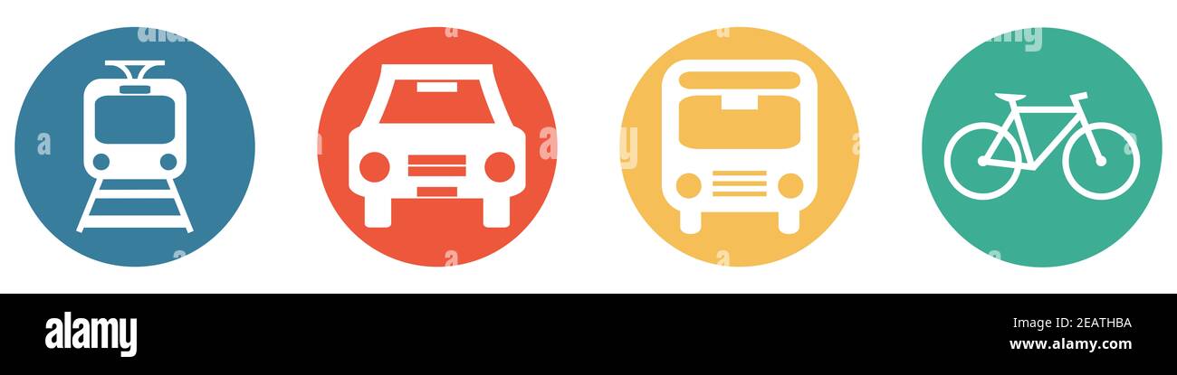 Blau Rot Orange Grün Banner mit 4 Tasten: Zug, Bus, Auto oder Fahrrad Stockfoto