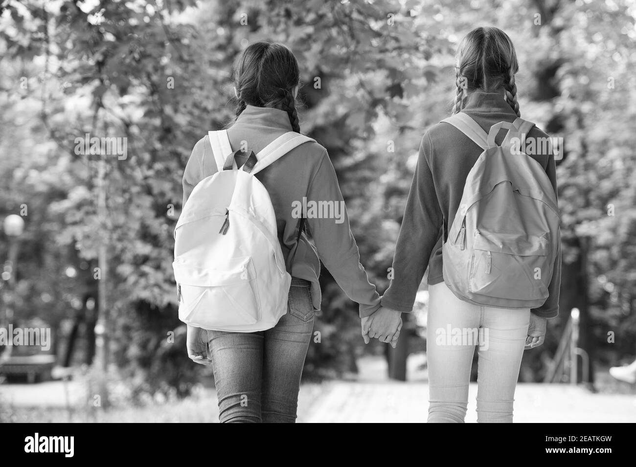 Mädchen Backpacker Freunde Fleece Kleidung Rucksäcke Wald Hintergrund, Hand in Hand Konzept. Stockfoto