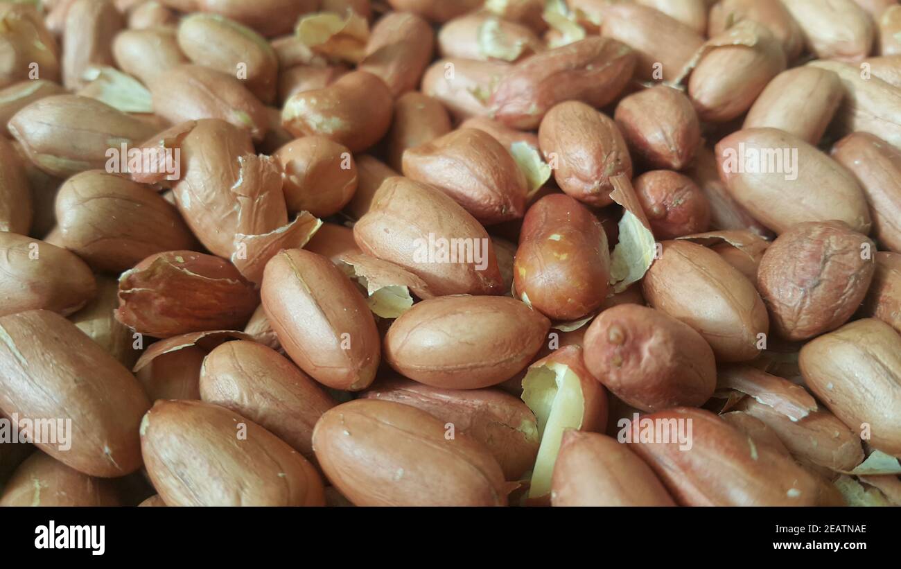 Nahaufnahme von gemischten, getrockneten, gerösteten geschälten und ungeschälten Erdnüssen. Stockfoto