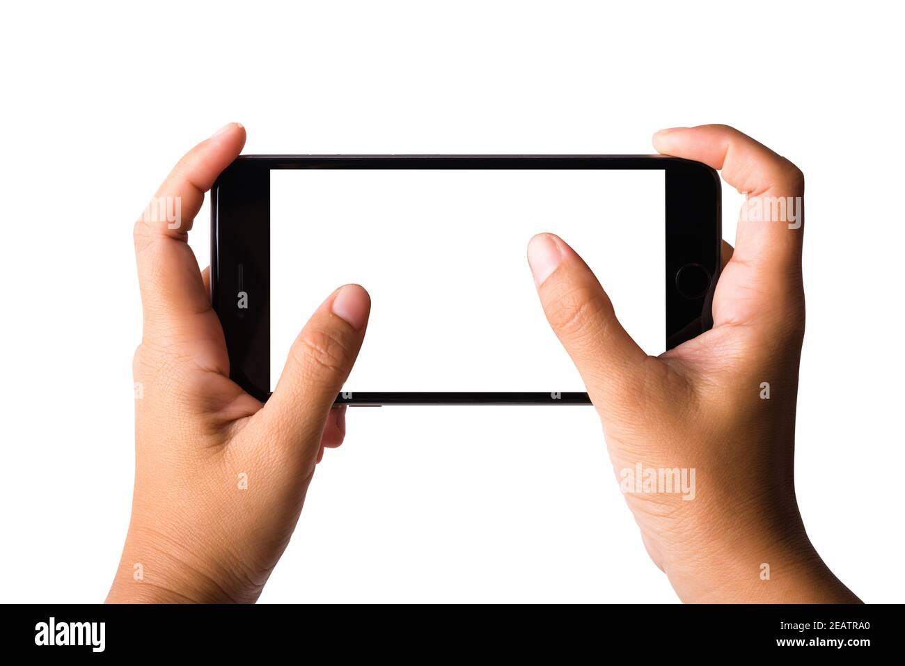 Frau Hand spielen Spiel auf Smartphone leeren Bildschirm Stockfoto
