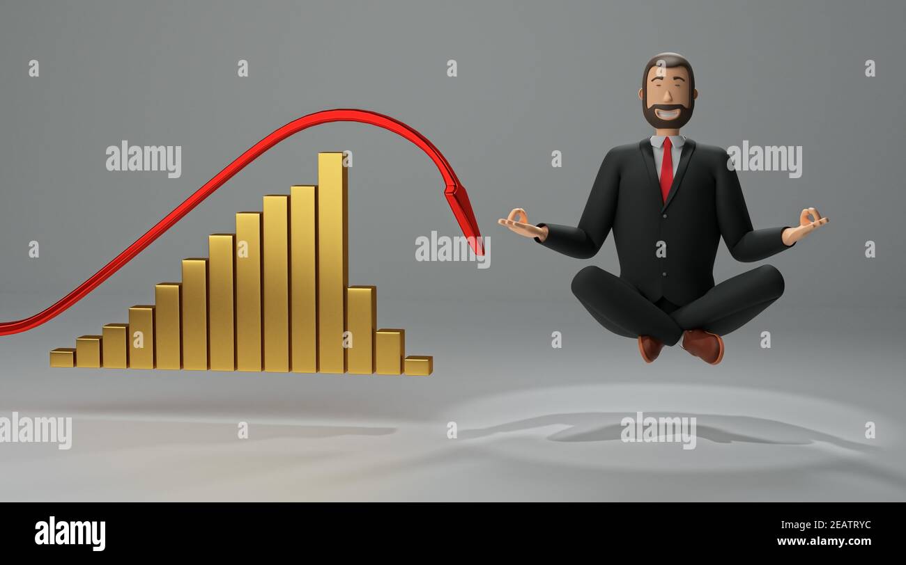 Zeichentrickfigur, Geschäftsmann im Lotussitz sitzen. Geschäftsmann im Anzug mit einem Lächeln auf seinem Gesicht. Unternehmer mit einem Umsatz Grafik. 3D-Rendering Stockfoto