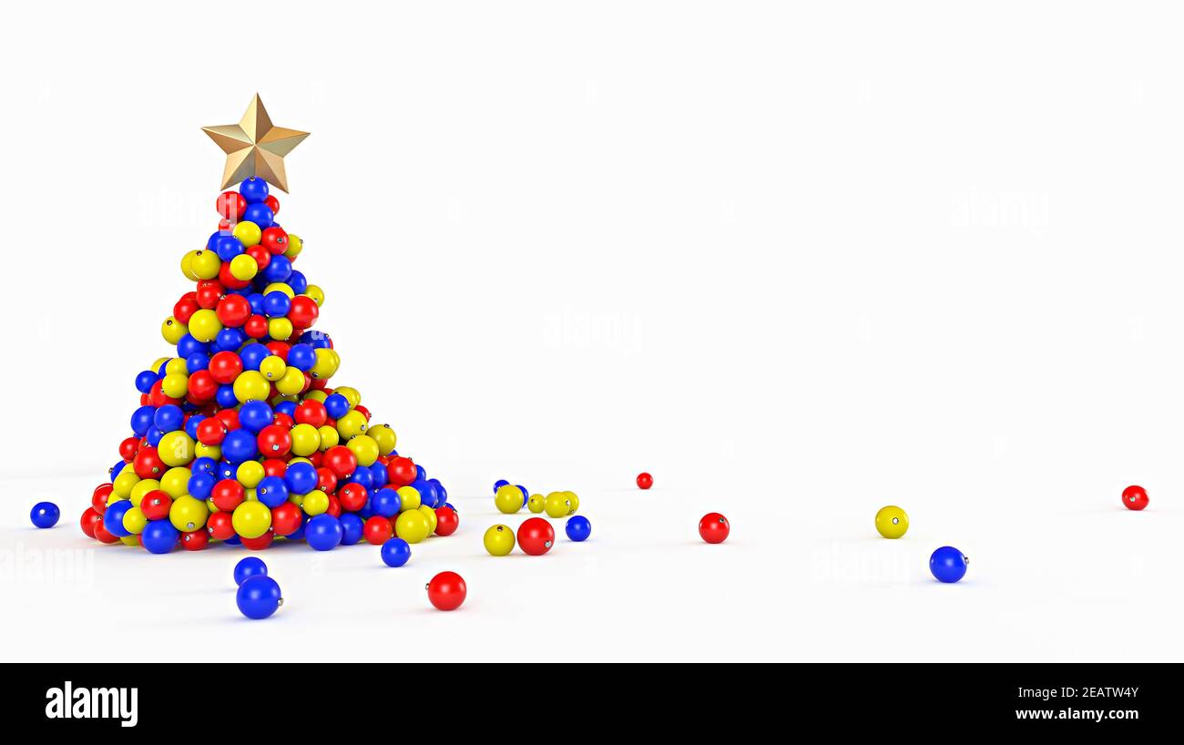 Weihnachtsbaum aus Kugel Dekoration auf weißem Hintergrund. Minimales Neujahrs-Konzept. 3D Rendering-Illustration. Stockfoto