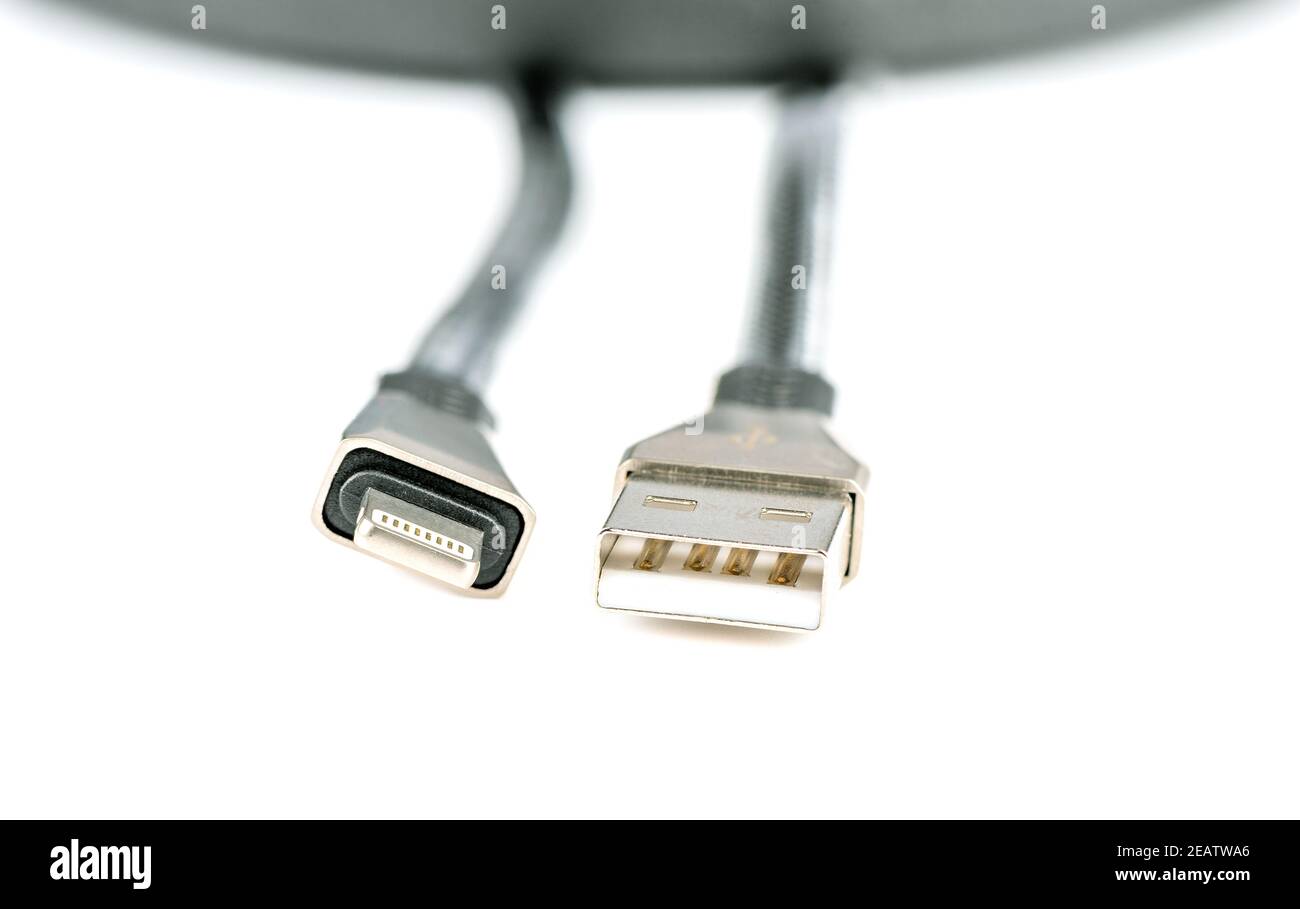 Makroaufnahme verschiedener USB-Steckverbindertypen auf weißem Hintergrund. Speicherplatz kopieren. Stockfoto