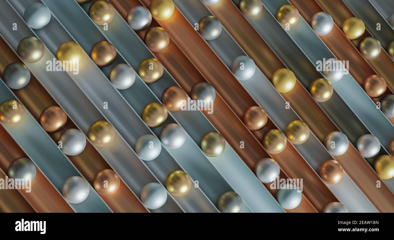 Abstrakter Hintergrund mit Gold-, Silber- und kupferfarbenen Kugeln. Stockfoto