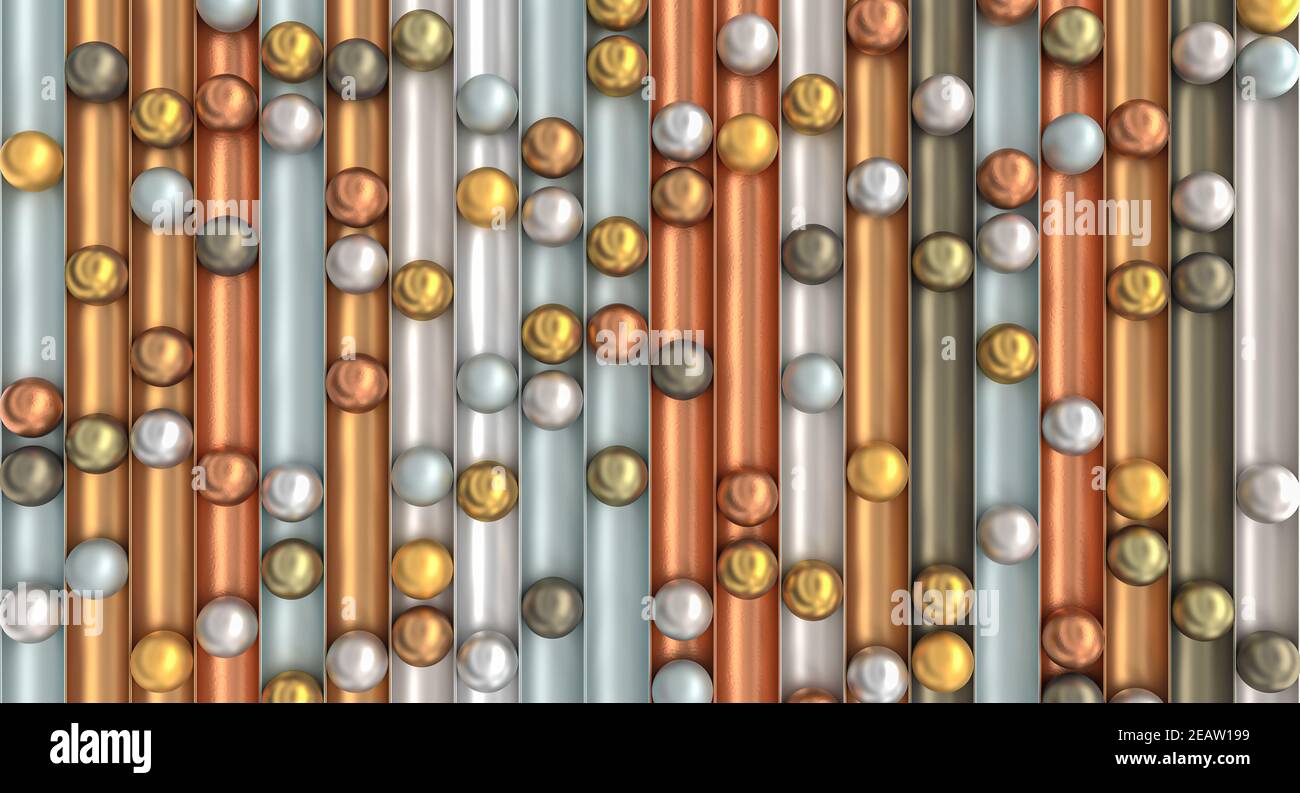Abstrakter Hintergrund mit Gold-, Silber- und kupferfarbenen Kugeln. Stockfoto