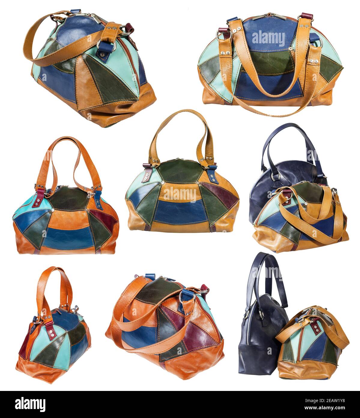 Set von handgefertigten Patchwork Reisetaschen isoliert Stockfoto