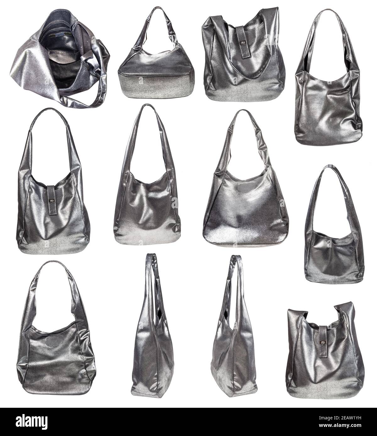 Set von handgefertigten Taschen aus weichem Silberleder Stockfoto