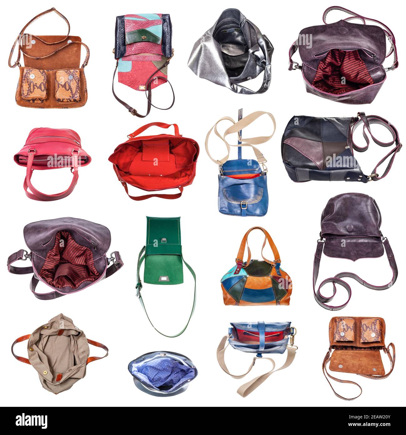 Set aus verschiedenen handgefertigten Damen Taschen isoliert Stockfoto