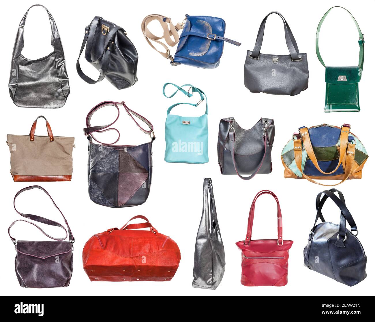 Set aus verschiedenen handgefertigten Damentaschen isoliert Stockfoto