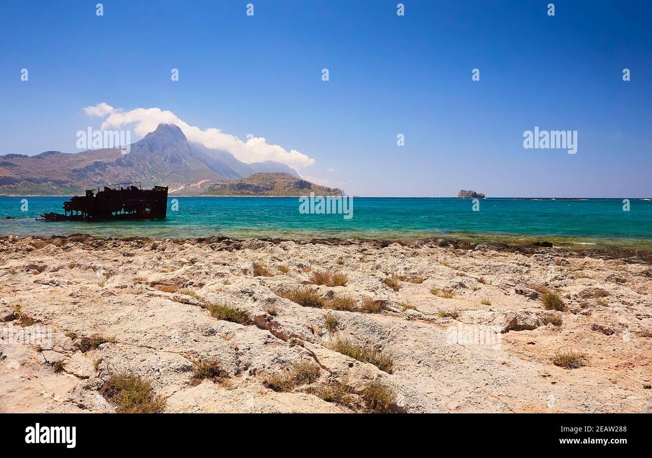 Wunderschöner Meerblick auf der Insel Balos. Stockfoto