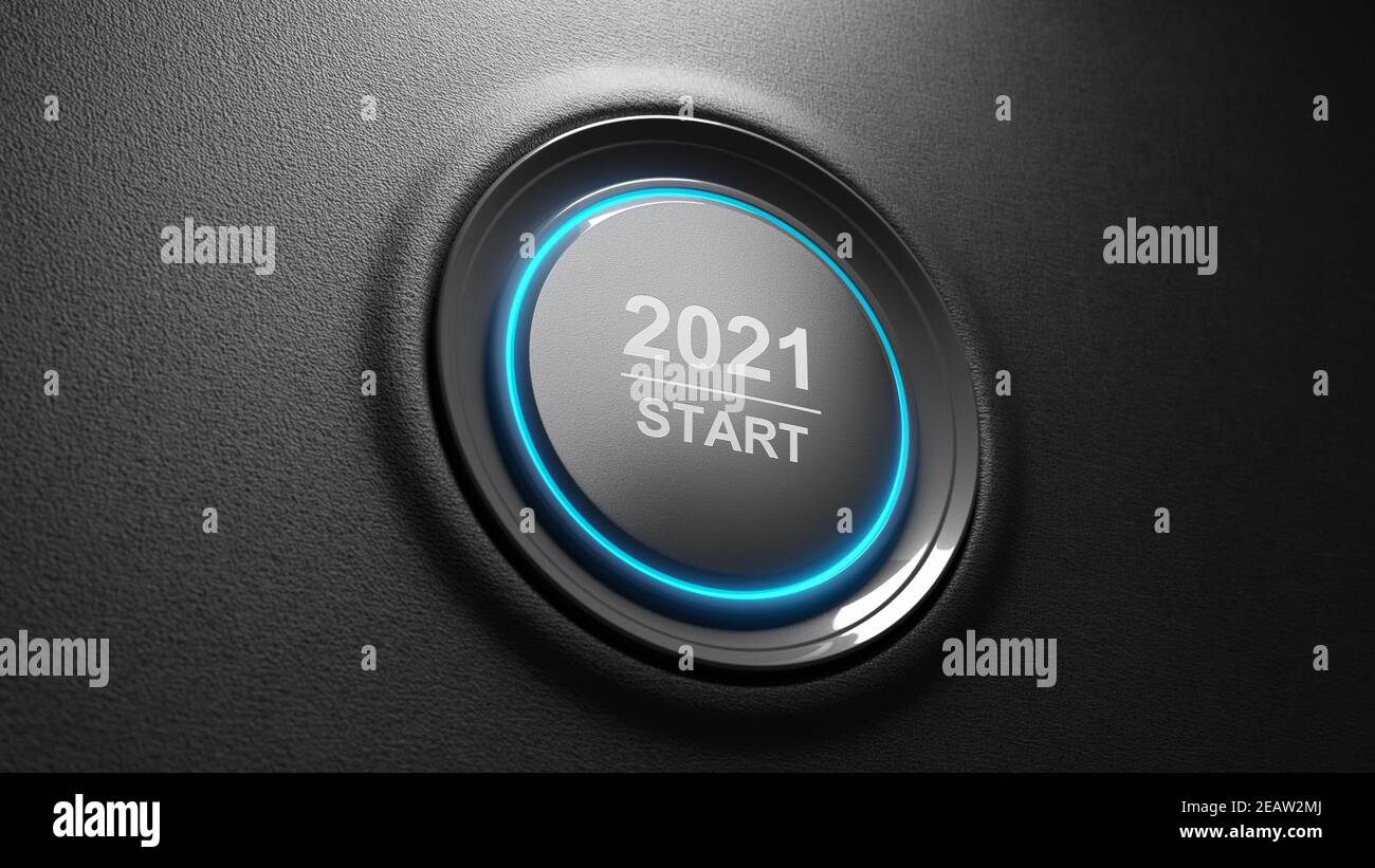 2021 - Drücken Sie die Start-Taste. Konzept des neuen Jahres. 3D Abbildung Stockfoto