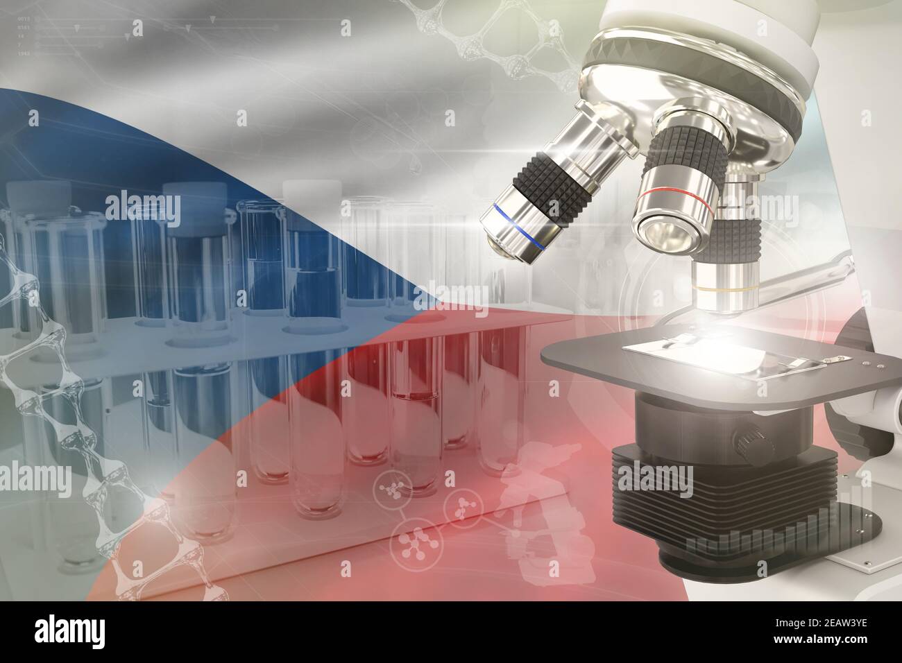 Tschechien Wissenschaft Entwicklung digitaler Hintergrund - Mikroskop auf Flagge. Forschung der Chemie Design-Konzept, 3D Illustration des Objekts Stockfoto