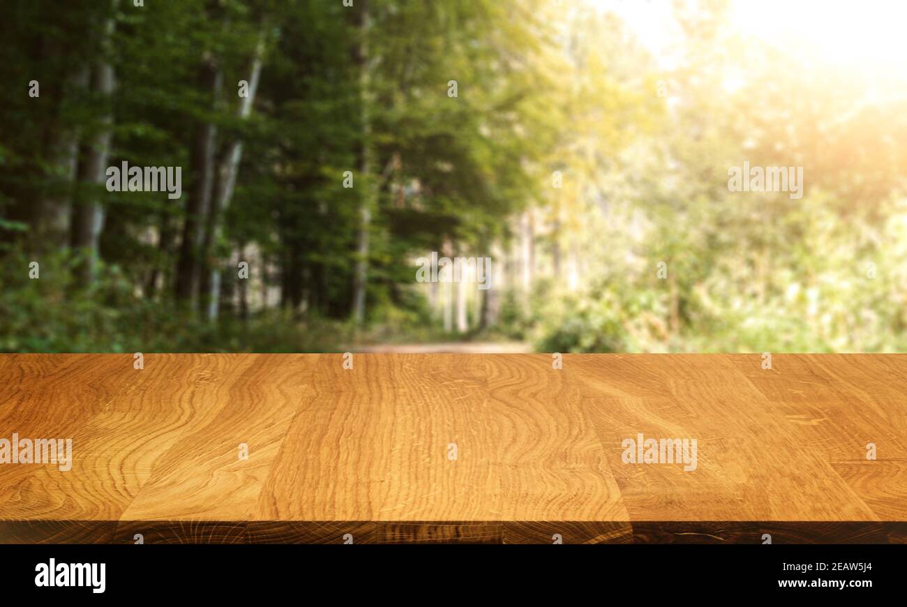 Leerer Holztisch mit natürlichem Waldhintergrund Stockfoto