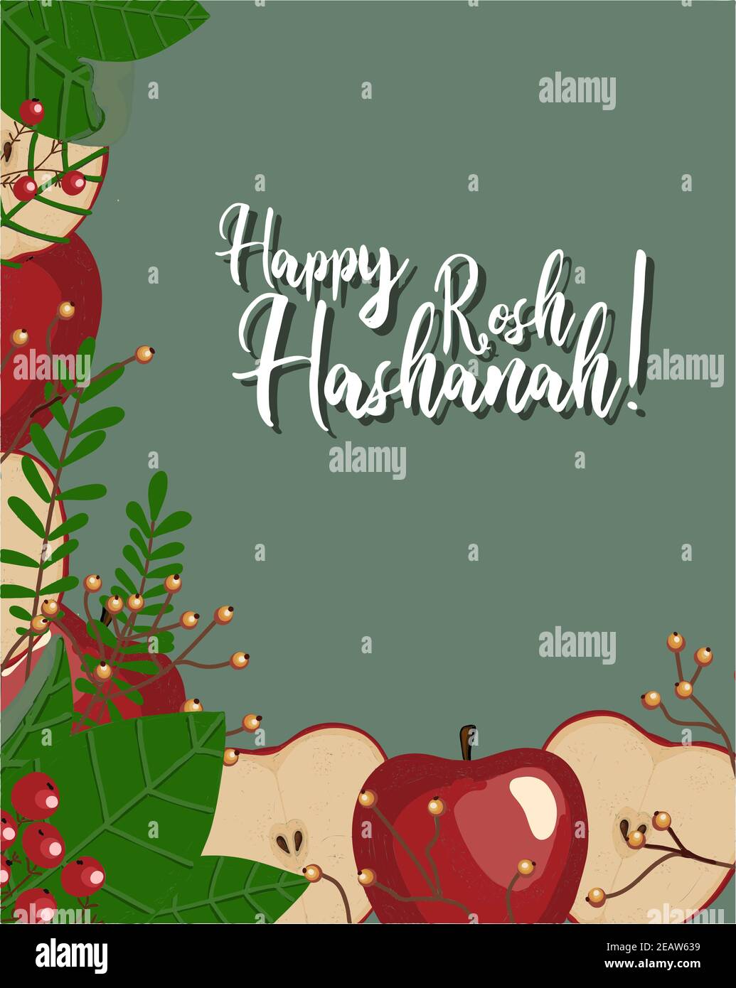 Herbstpostkarte. Roter Apfel. Herbstkomposition. Plakat zum jüdischen Neujahr. Inschrift Happy rosh hashanah. Stockfoto