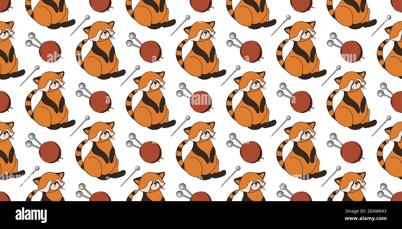 NIEDLICHES NAHTLOSES HERBSTMUSTER. HERBSTTIERE. Hallo Herbst. KINDERZIMMER UND TEXTILDESIGN. ROTER PANDA AUF WEISSEM HINTERGRUND Stockfoto