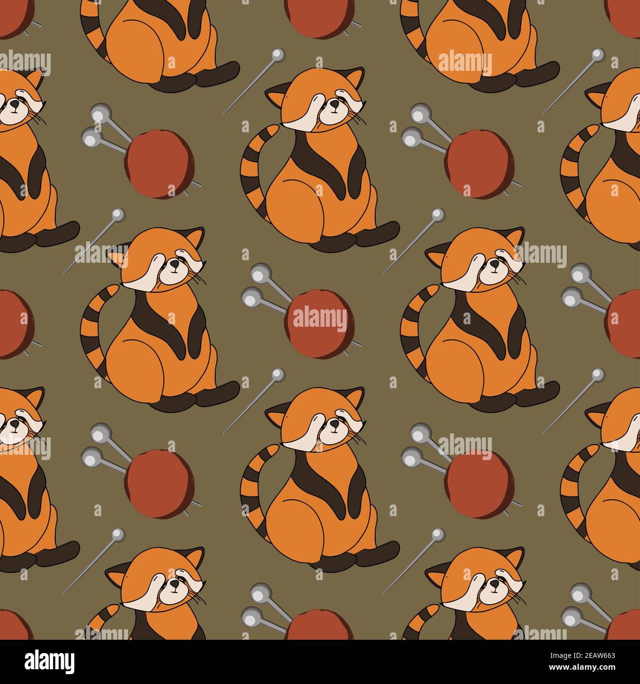 Herbstmuster mit Tieren. Roter Panda-Charakter. Eicheln. Herbsthintergrund. Print für Kindertextilien und Stoffe. Niedliche Tiere. Illustration Stockfoto