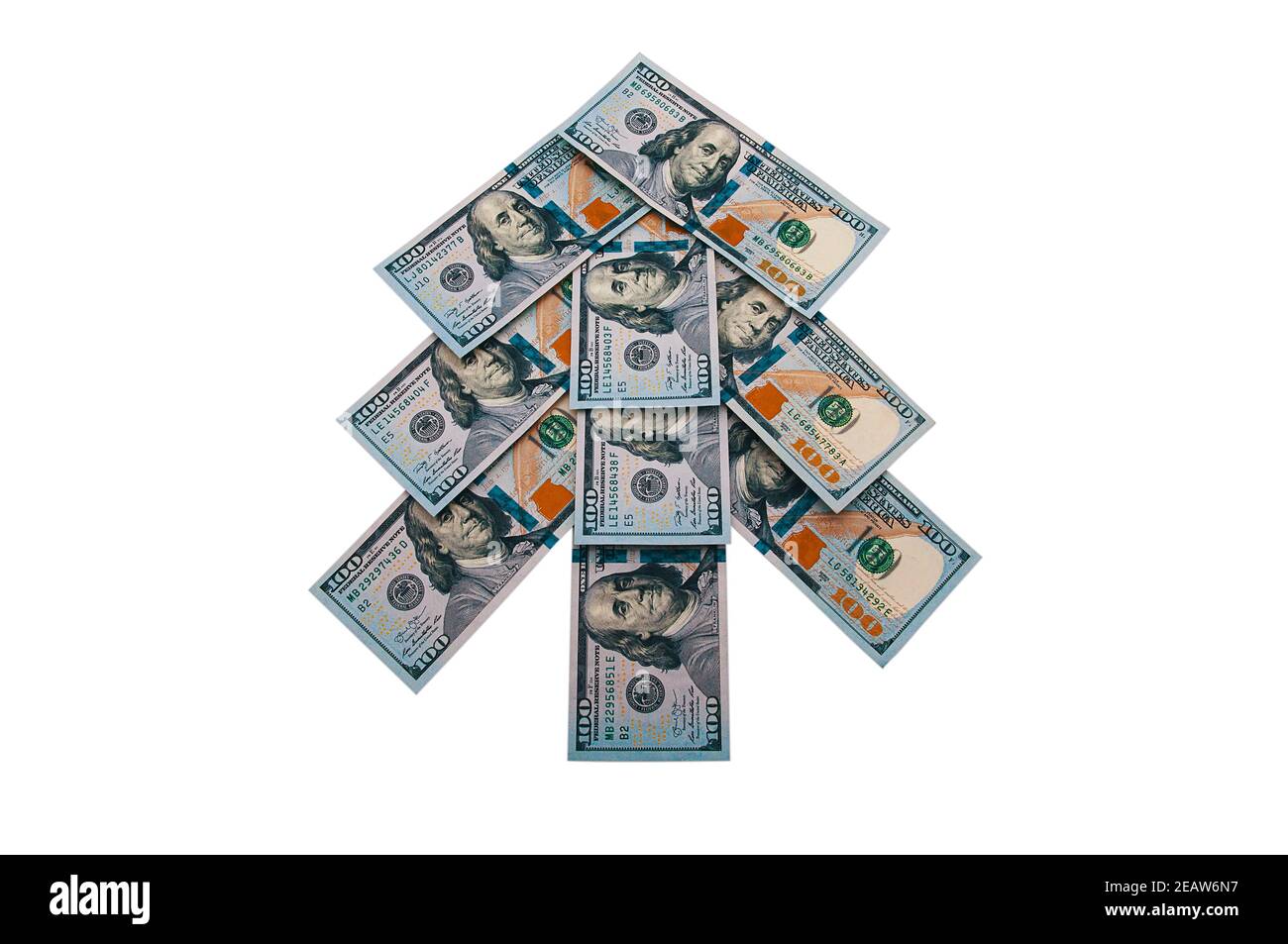 Bargeld hundert-Dollar-Scheine in Form eines Weihnachtsbaums. Stockfoto