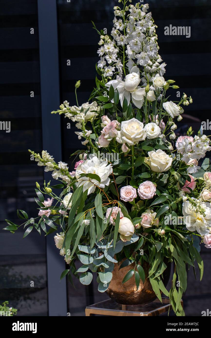 Beeindruckendes floristisches Bouquet von weißen Rosen und Delphinium - grün Drehen Stockfoto