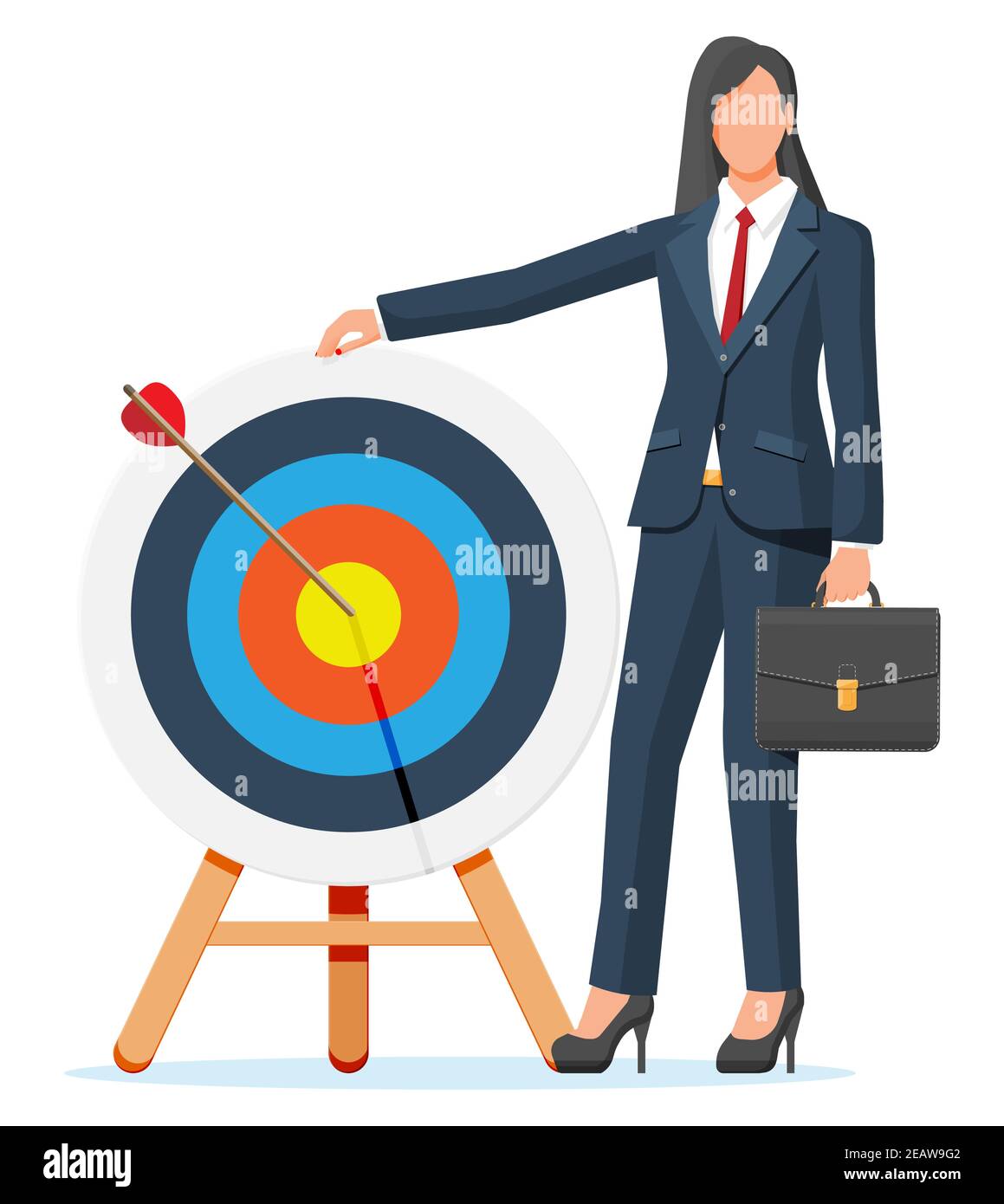 Glückliche Geschäftsfrau und Dart Ziel. Zielvorgabe. Geschäftsfrau mit Aktentasche. Smart-Ziel. Geschäftszielkonzept. Erfolg und Erfolg. Vektorgrafik im flachen Stil Stock Vektor