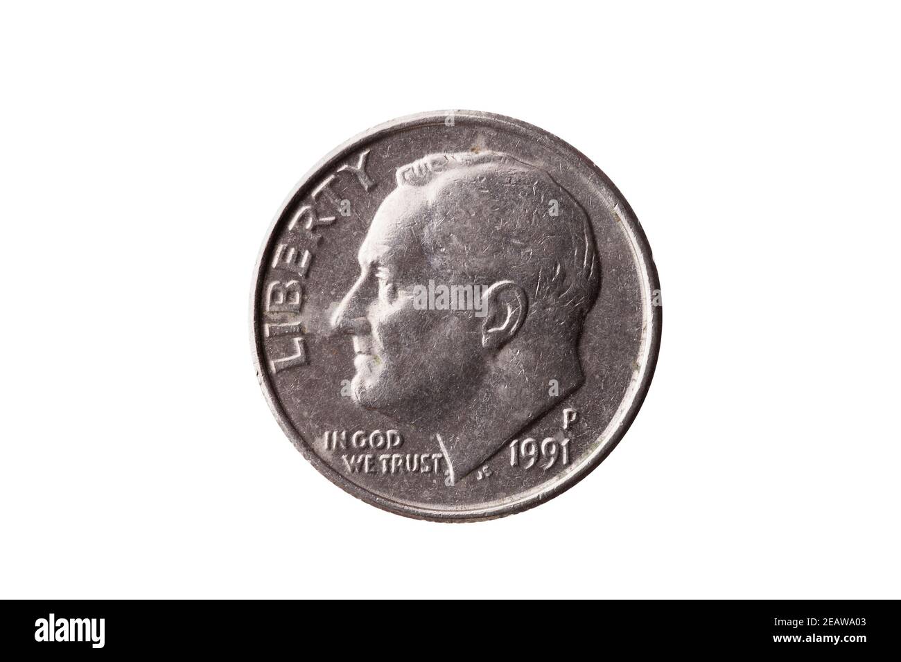 USA-Cent-Nickelmünze (10 Cent) Mit einem Porträt von Franklin D. Roosevelt ausgeschnitten Und isoliert Stockfoto