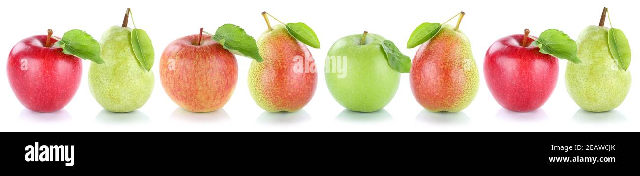 Apfelbirne Früchte Äpfel Birnen frisches Obst in einer Reihe Isoliert auf Weiß Stockfoto